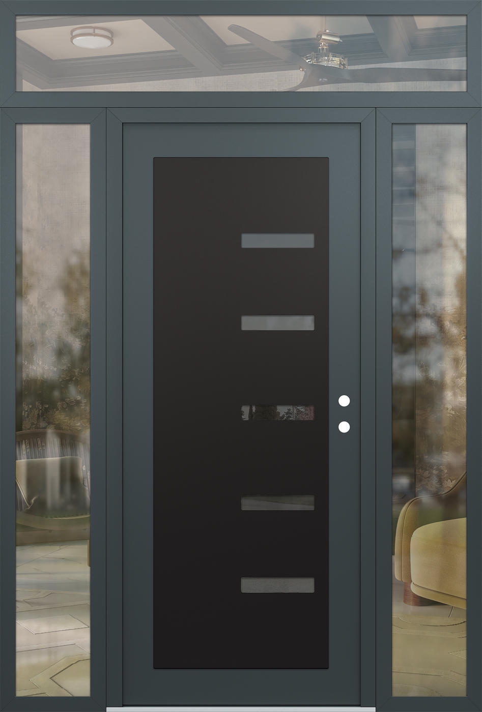 Modern Steel Front Door Diamond C8 60" x 96" anthracite/anthracite mirrored Glass Panel black LHI with 2 Sidelites and Transom clear Glass