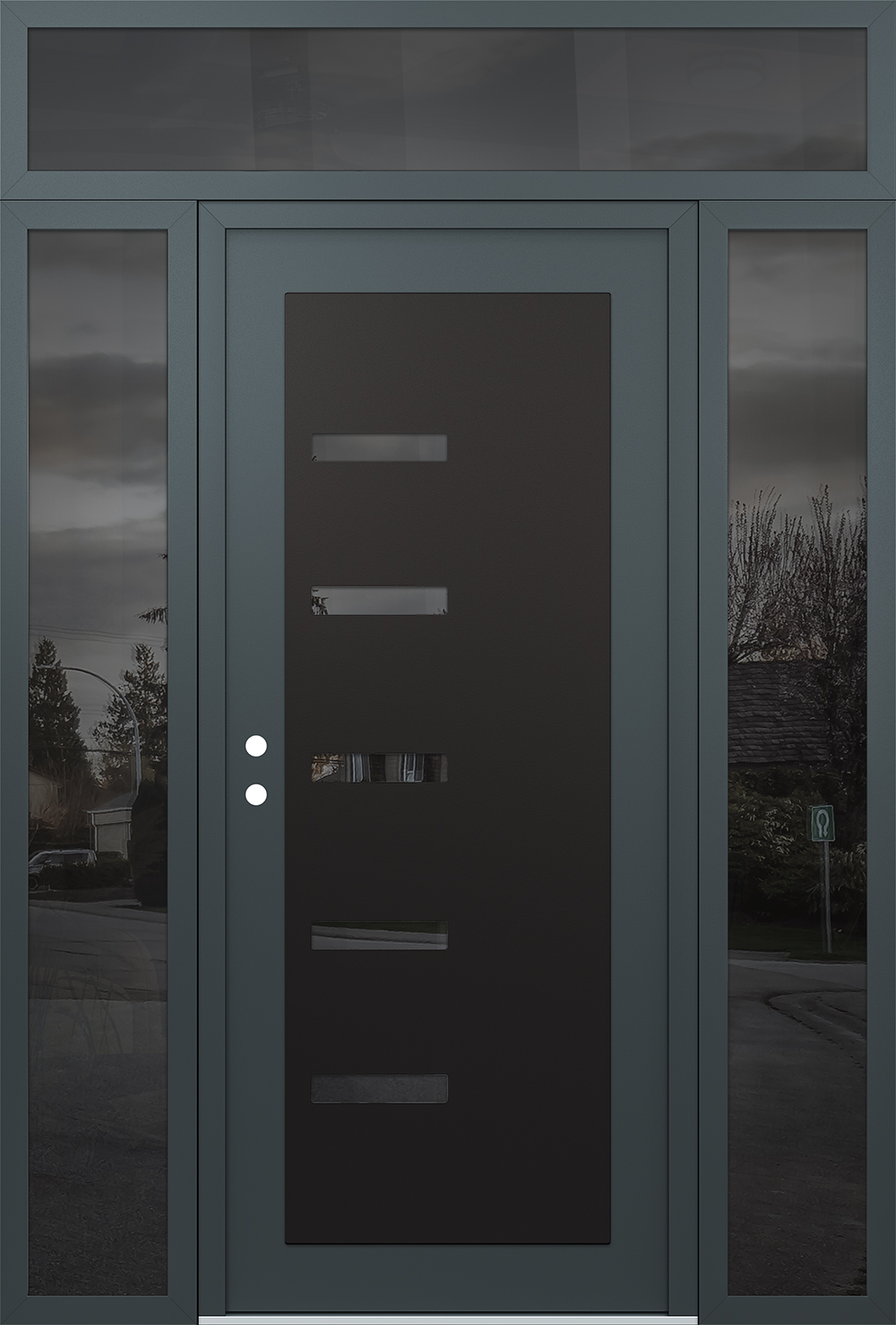 Modern Steel Front Door Diamond C8 60" x 96" anthracite/anthracite mirrored Glass Panel black RHI with 2 Sidelites and Transom mirrored Glass