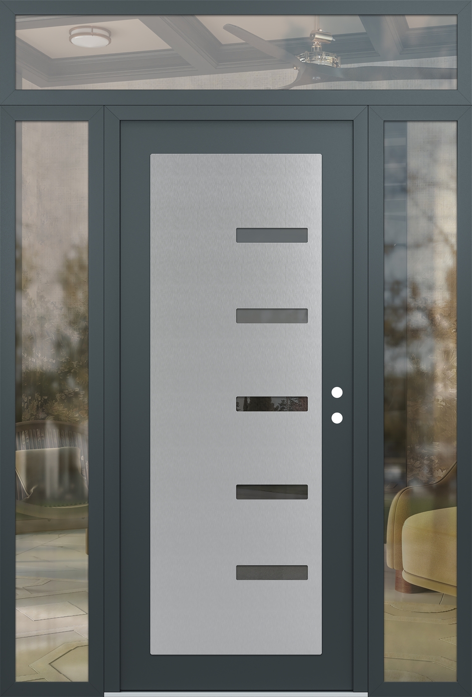 Modern Steel Front Door Diamond C8 60" x 96" anthracite/anthracite mirrored Glass Panel stainless steel LHI with 2 Sidelites and Transom clear Glass