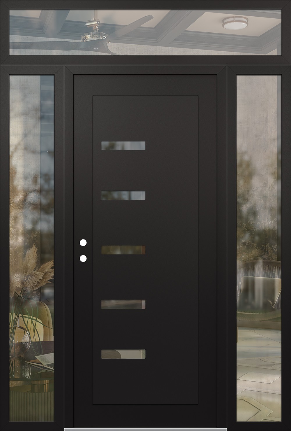 Modern Steel Front Door Diamond C8 60" x 96" black/black clear Glass Panel black RHI with 2 Sidelites and Transom clear Glass