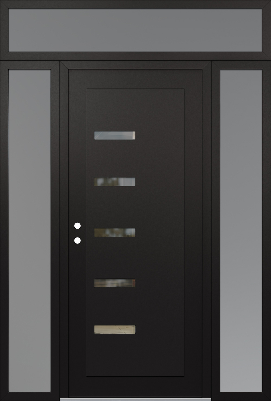 Modern Steel Front Door Diamond C8 60" x 96" black/black clear Glass Panel black RHI with 2 Sidelites and Transom frosted Glass
