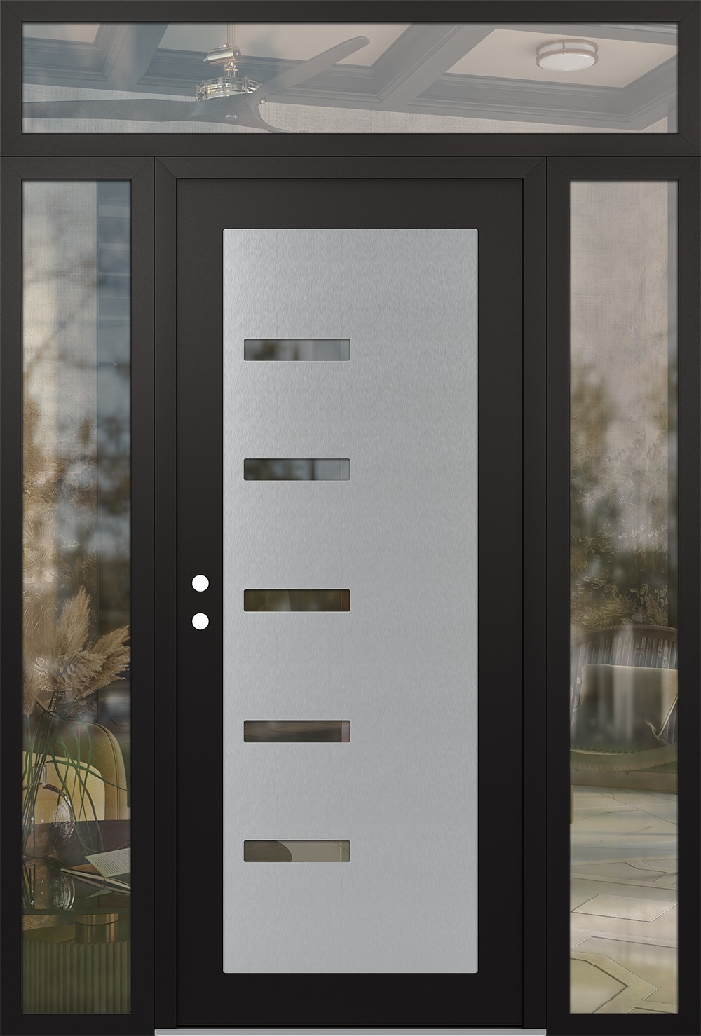 Modern Steel Front Door Diamond C8 60" x 96" black/black clear Glass Panel stainless steel RHI with 2 Sidelites and Transom clear Glass