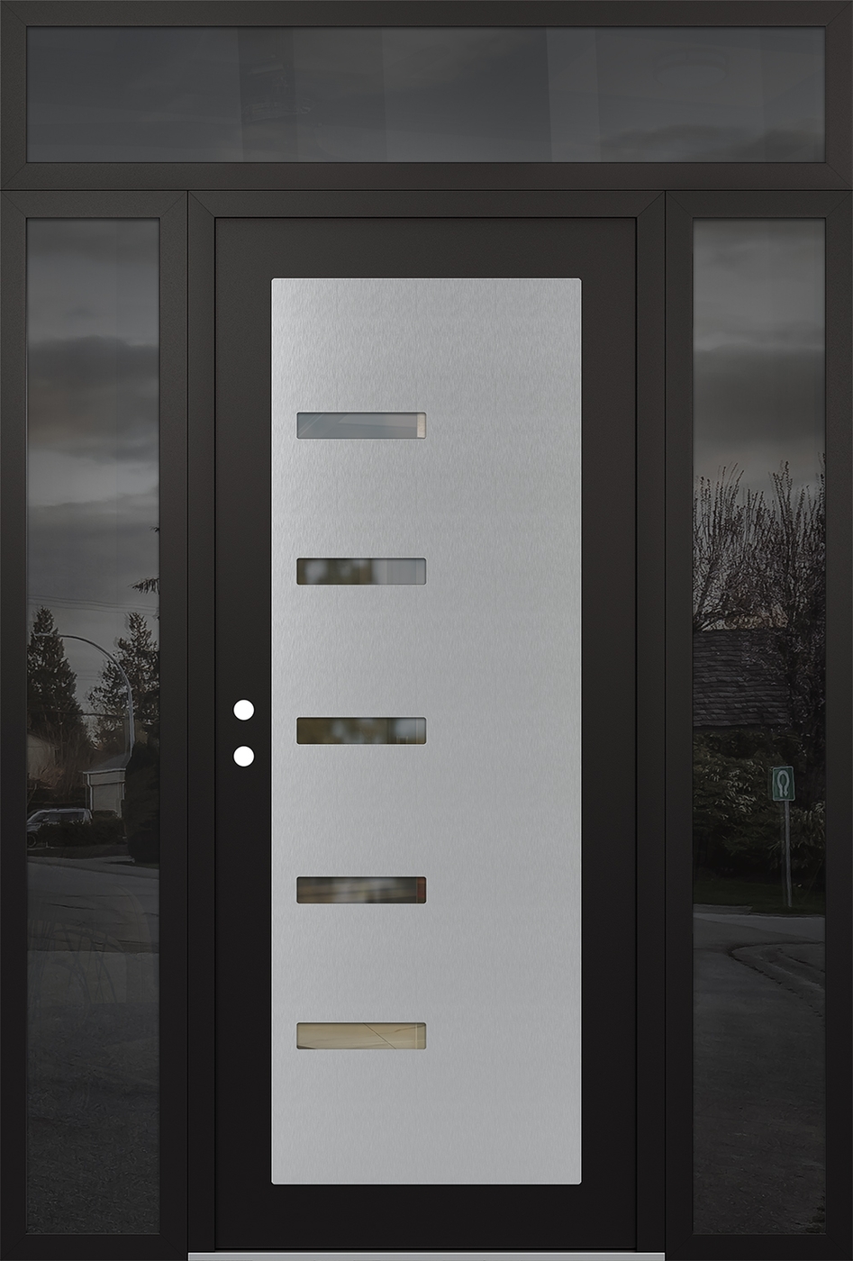 Modern Steel Front Door Diamond C8 60" x 96" black/black clear Glass Panel stainless steel RHI with 2 Sidelites and Transom mirrored Glass