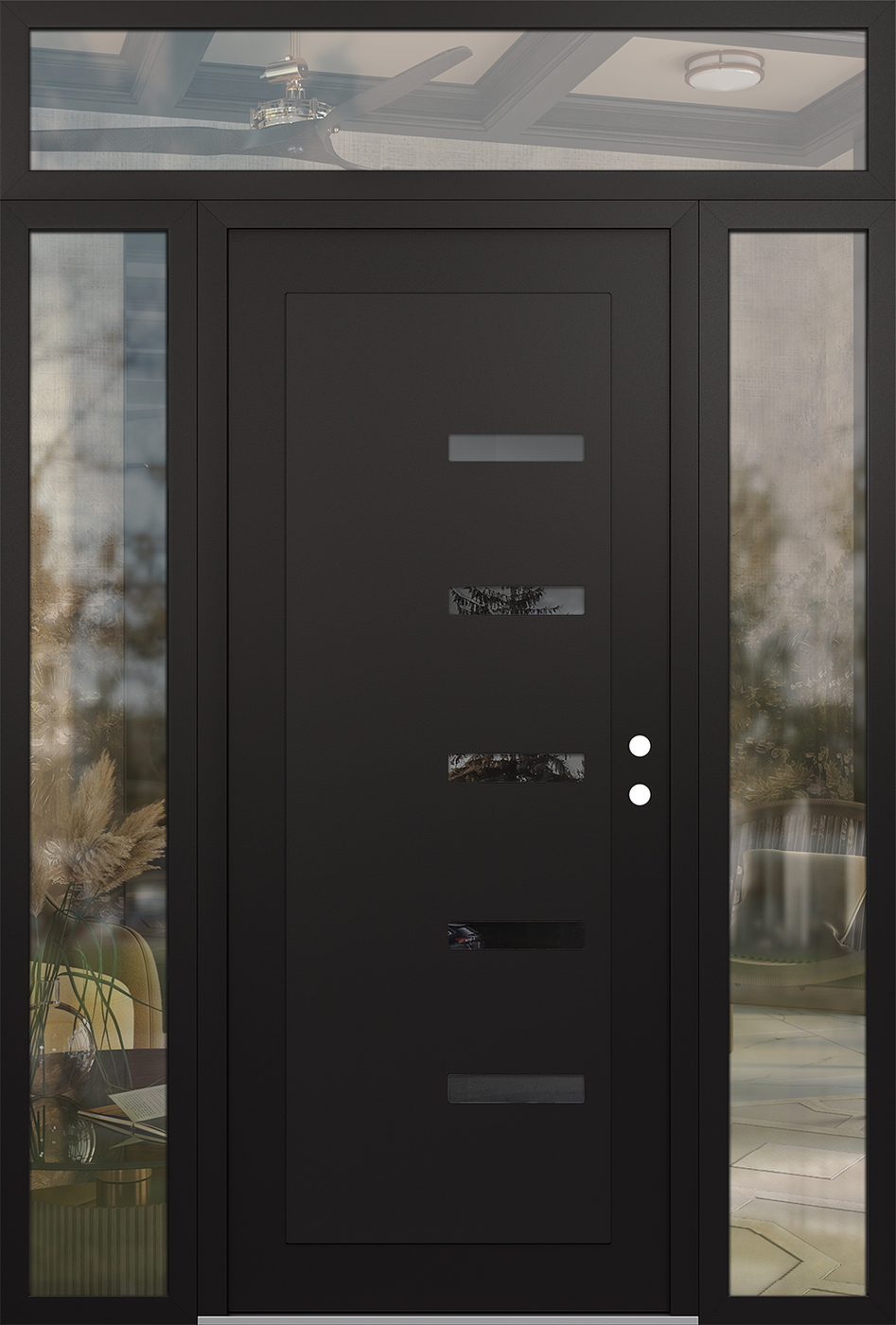 Modern Steel Front Door Diamond C8 60" x 96" black/black mirrored Glass Panel black LHI with 2 Sidelites and Transom clear Glass