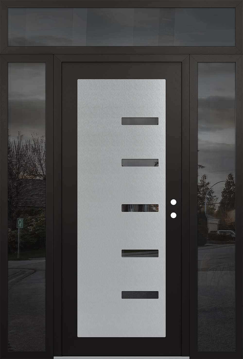 Modern Steel Front Door Diamond C8 60" x 96" black/black mirrored Glass Panel stainless steel LHI with 2 Sidelites and Transom mirrored Glass