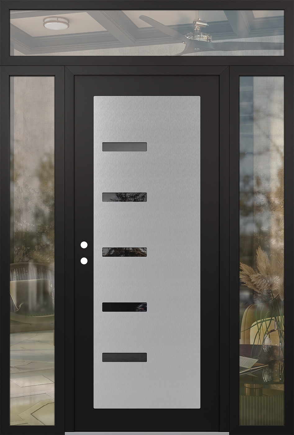 Modern Steel Front Door Diamond C8 60" x 96" black/black mirrored Glass Panel stainless steel RHI with 2 Sidelites and Transom clear Glass