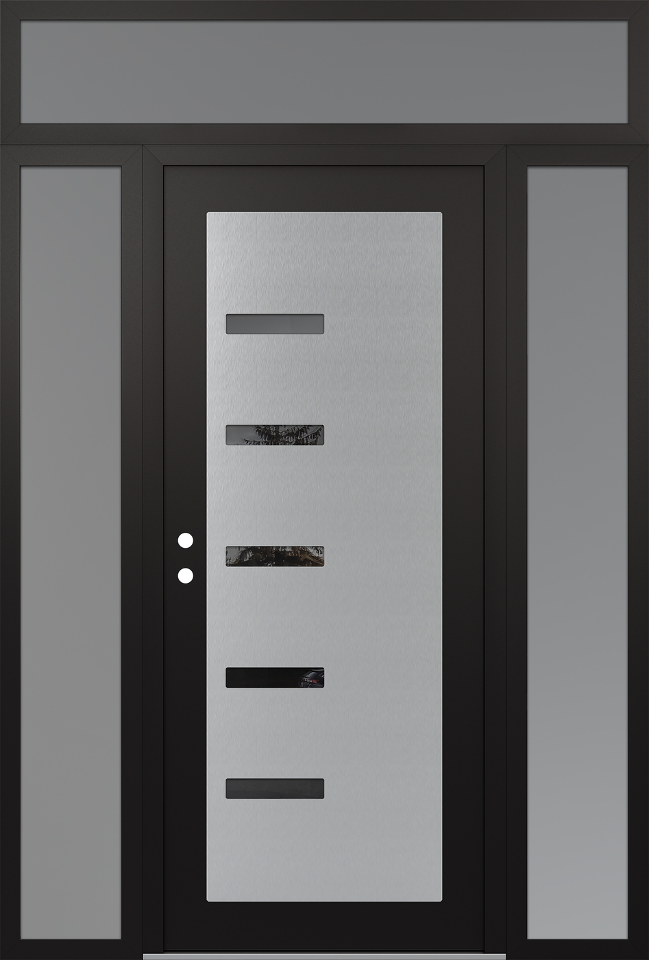 Modern Steel Front Door Diamond C8 60" x 96" black/black mirrored Glass Panel stainless steel RHI with 2 Sidelites and Transom frosted Glass