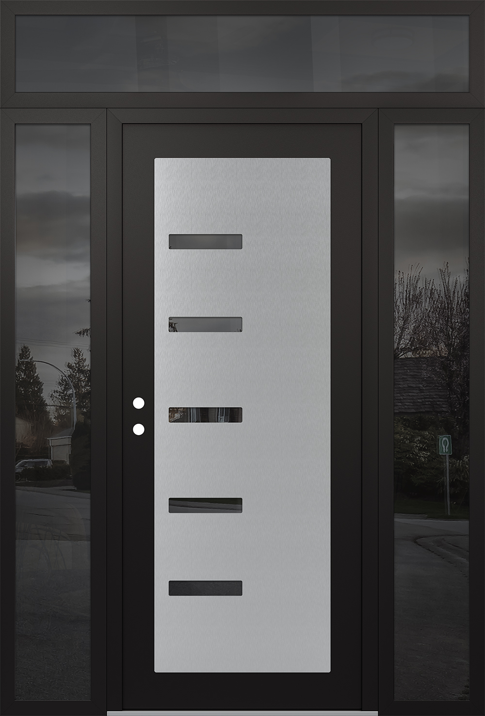 Modern Steel Front Door Diamond C8 60" x 96" black/black mirrored Glass Panel stainless steel RHI with 2 Sidelites and Transom mirrored Glass