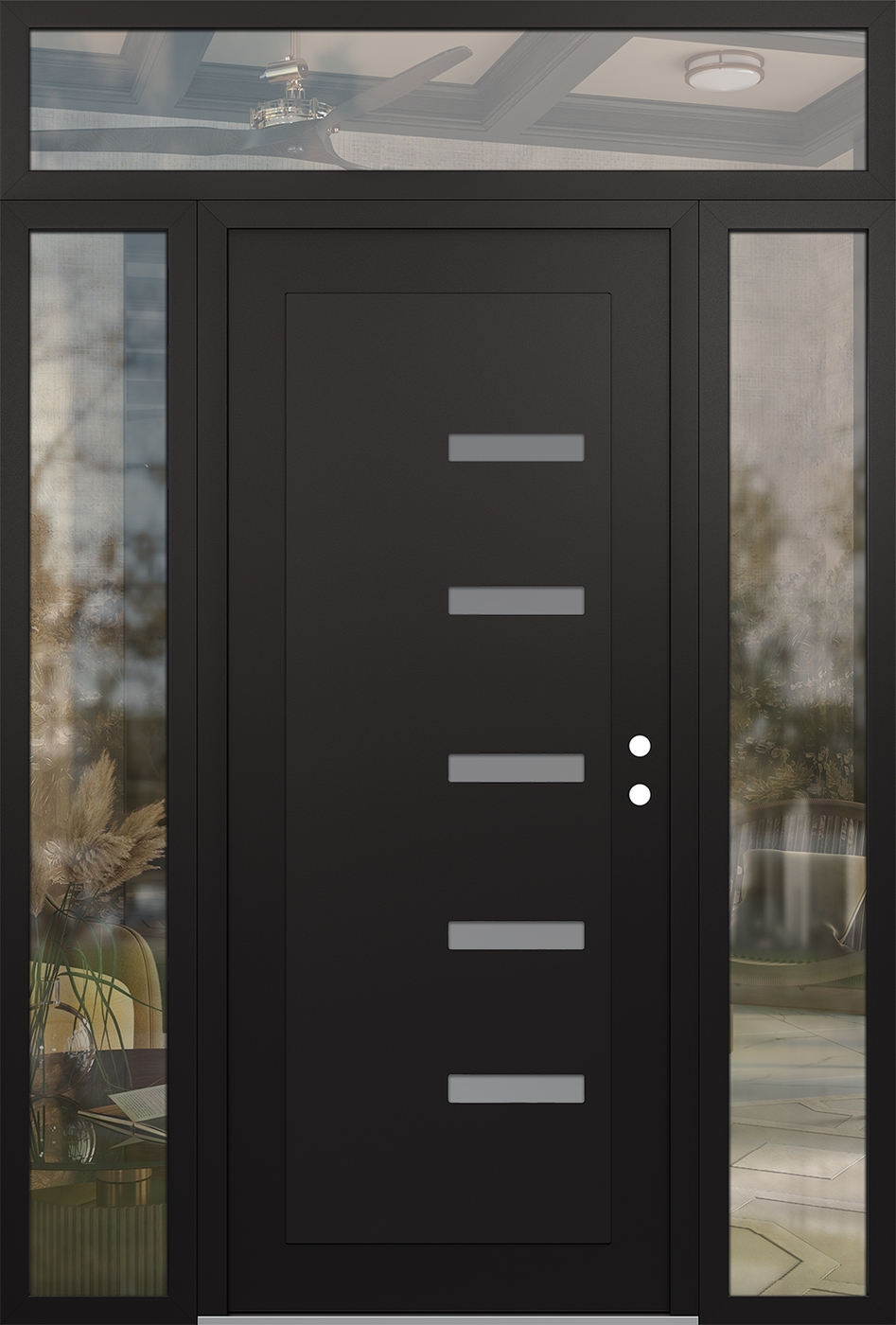 Modern Steel Front Door Diamond C8 60" x 96" black/white frosted Glass Panel black LHI with 2 Sidelites and Transom clear Glass