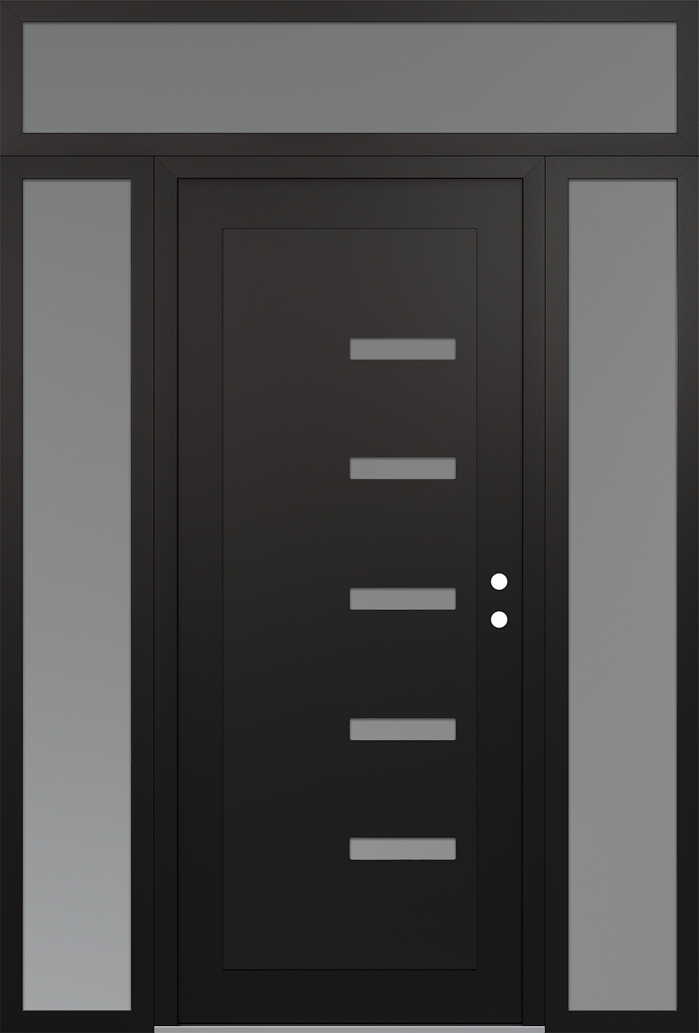 Modern Steel Front Door Diamond C8 60" x 96" black/white frosted Glass Panel black LHI with 2 Sidelites and Transom frosted Glass