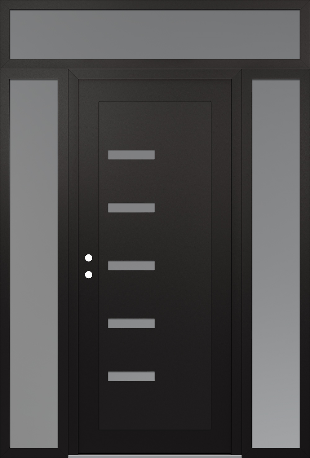 Modern Steel Front Door Diamond C8 60" x 96" black/white frosted Glass Panel black RHI with 2 Sidelites and Transom frosted Glass