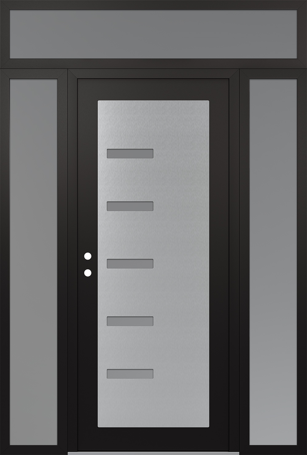 Modern Steel Front Door Diamond C8 60" x 96" black/white frosted Glass Panel stainless steel RHI with 2 Sidelites and Transom frosted Glass