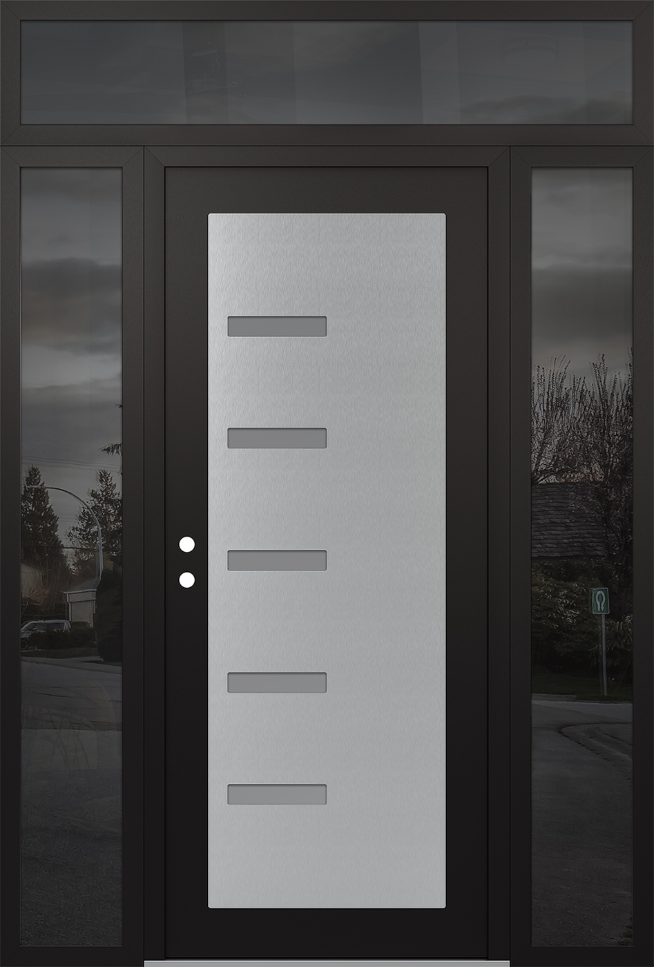 Modern Steel Front Door Diamond C8 60" x 96" black/white frosted Glass Panel stainless steel RHI with 2 Sidelites and Transom mirrored Glass