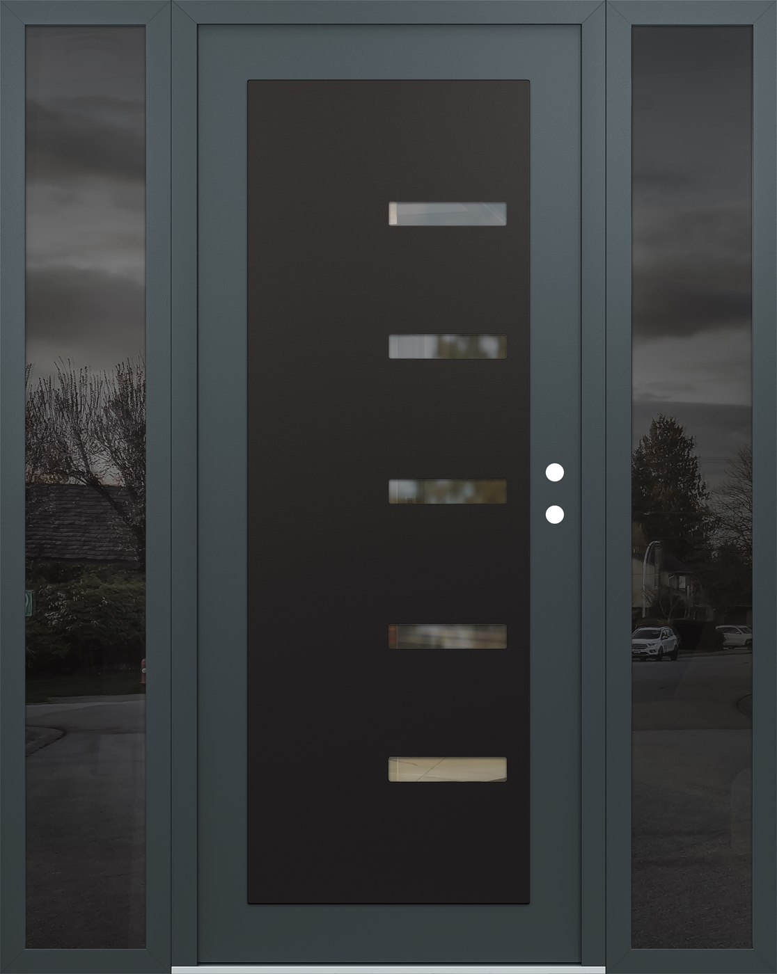 Modern Steel Front Door Diamond C8 64" x 80" anthracite/anthracite clear Glass Panel black LHI with 2 Sidelites mirrored Glass