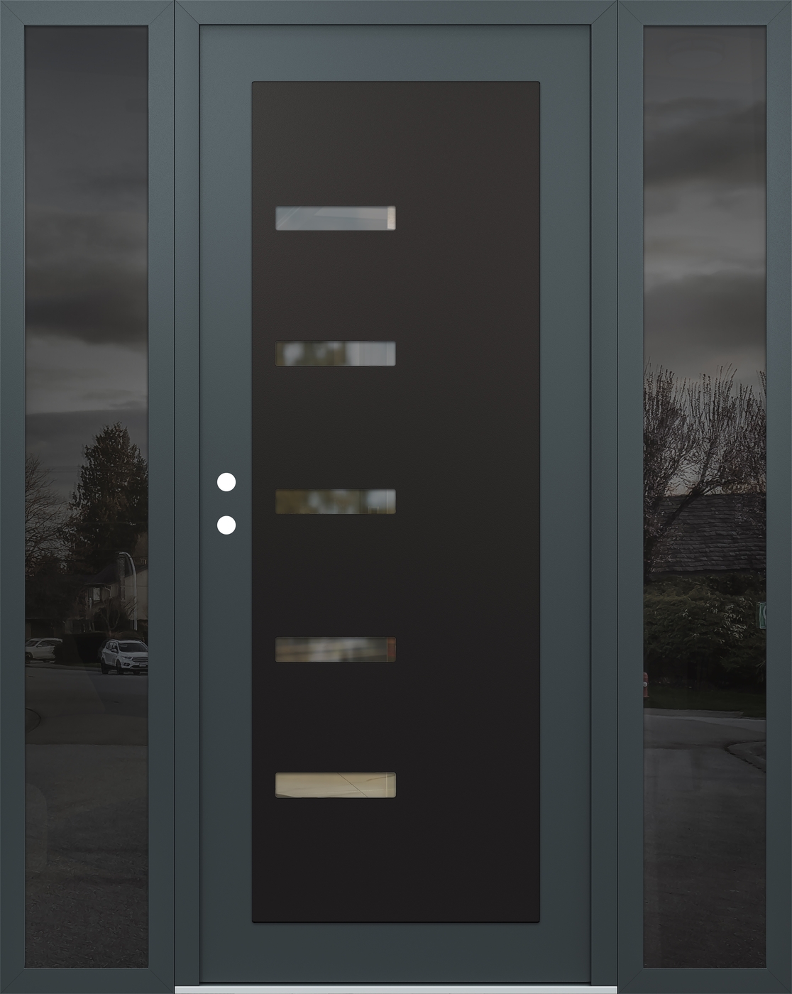 Modern Steel Front Door Diamond C8 64" x 80" anthracite/anthracite clear Glass Panel black RHI with 2 Sidelites mirrored Glass