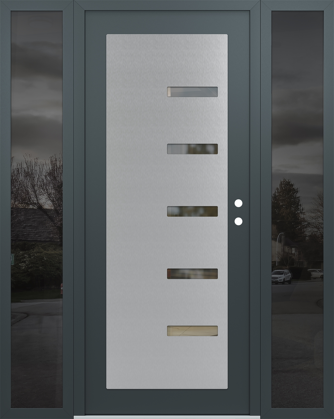 Modern Steel Front Door Diamond C8 64" x 80" anthracite/anthracite clear Glass Panel stainless steel LHI with 2 Sidelites mirrored Glass