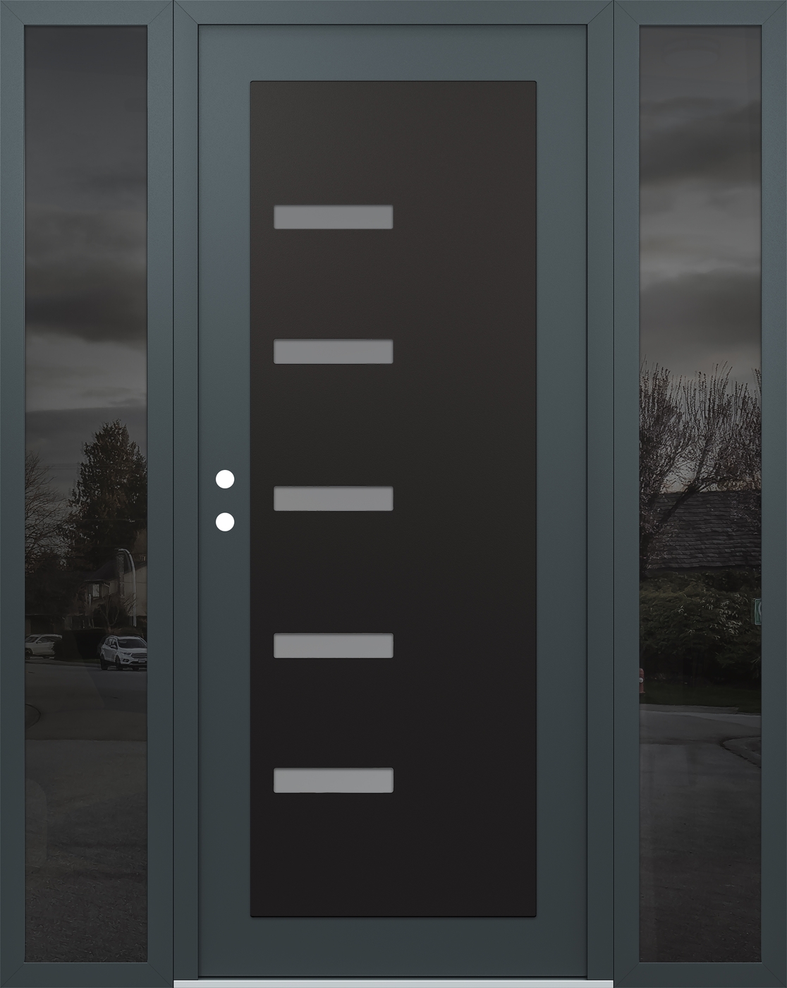 Modern Steel Front Door Diamond C8 64" x 80" anthracite/anthracite frosted Glass Panel black RHI with 2 Sidelites mirrored Glass