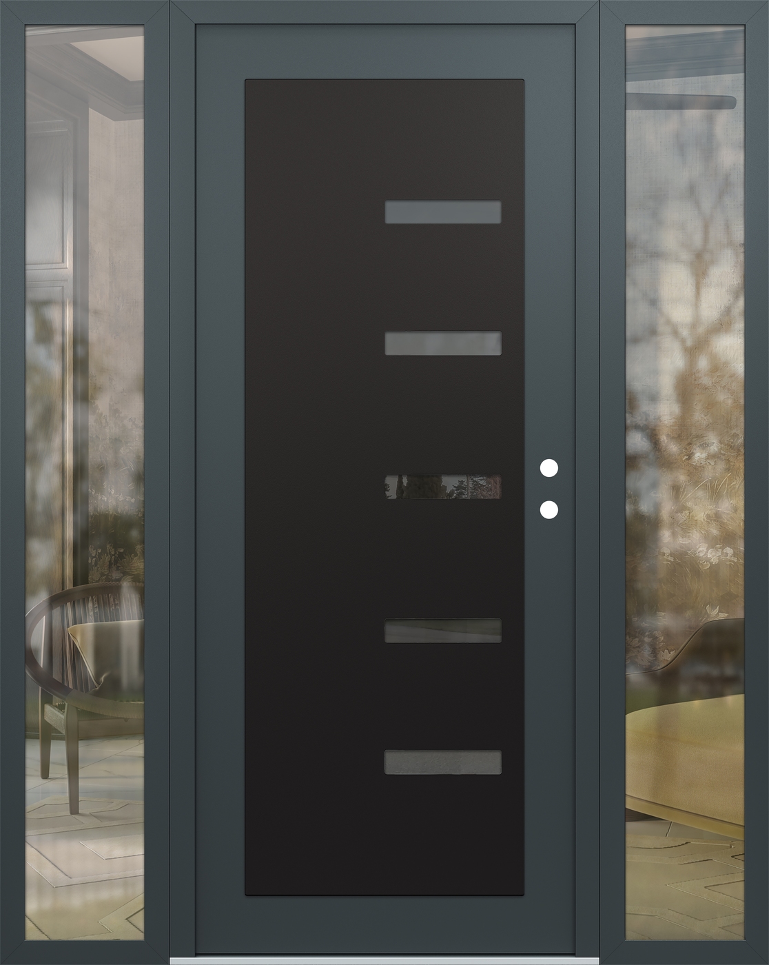 Modern Steel Front Door Diamond C8 64" x 80" anthracite/anthracite mirrored Glass Panel black LHI with 2 Sidelites clear Glass