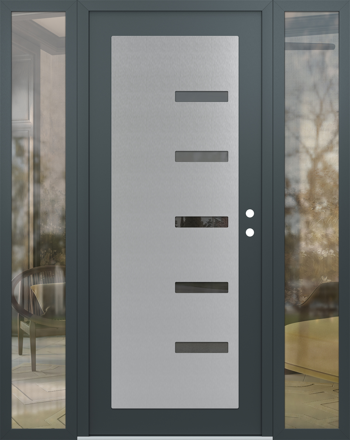Modern Steel Front Door Diamond C8 64" x 80" anthracite/anthracite mirrored Glass Panel stainless steel LHI with 2 Sidelites clear Glass