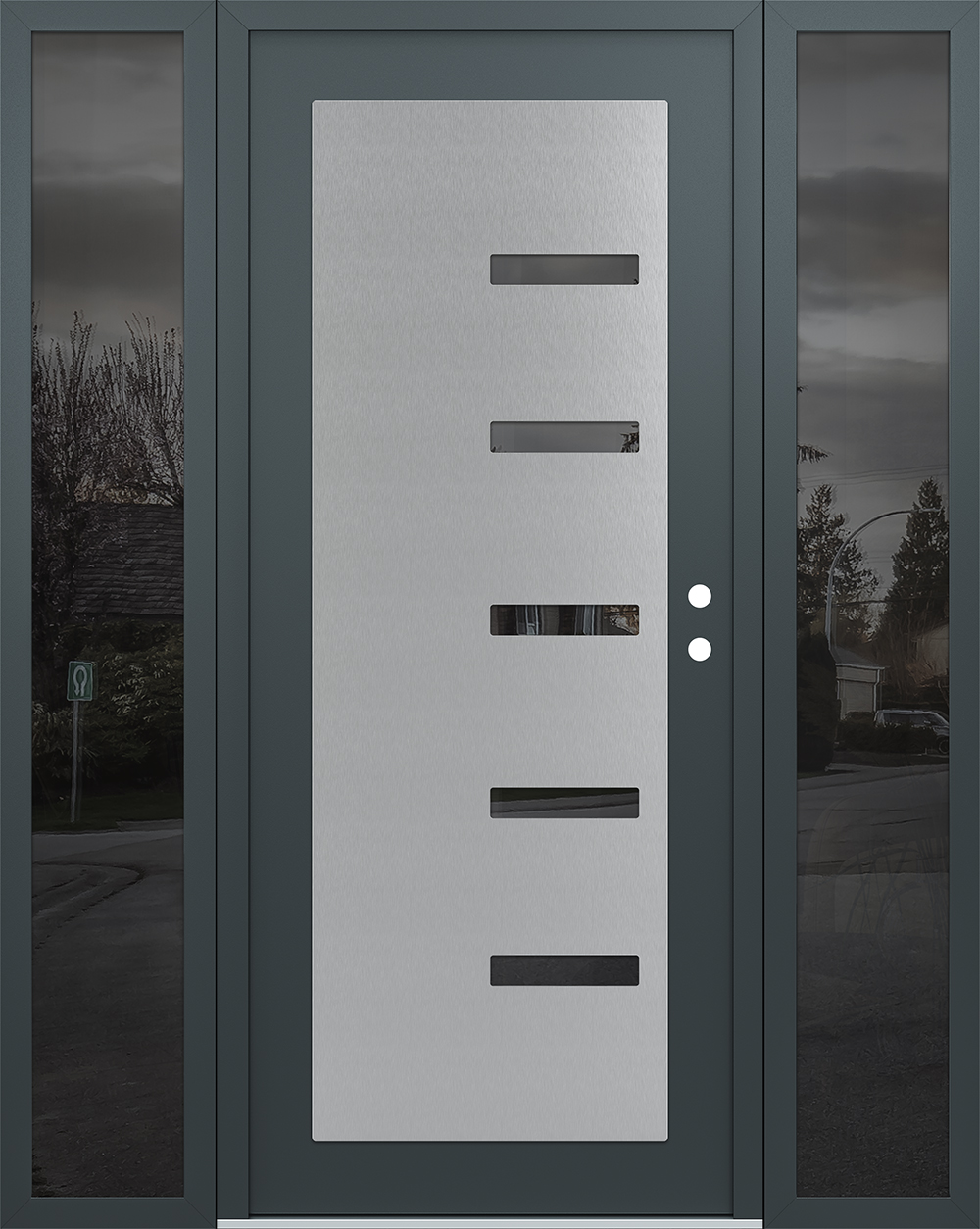 Modern Steel Front Door Diamond C8 64" x 80" anthracite/anthracite mirrored Glass Panel stainless steel LHI with 2 Sidelites mirrored Glass