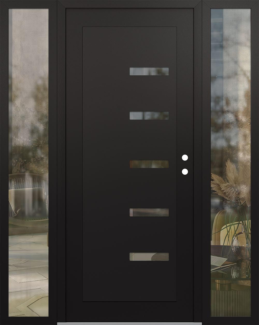 Modern Steel Front Door Diamond C8 64" x 80" black/black clear Glass Panel black LHI with 2 Sidelites clear Glass