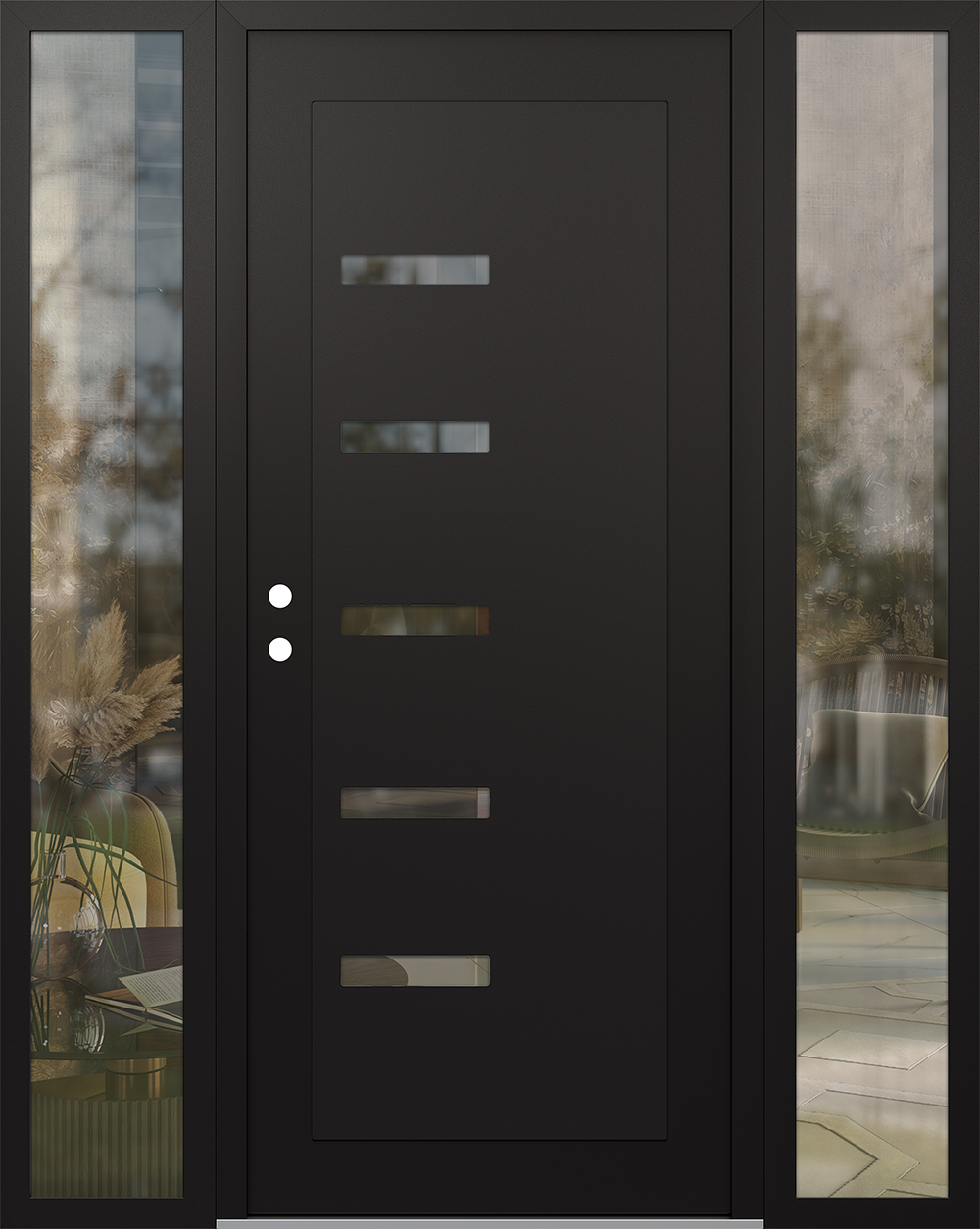 Modern Steel Front Door Diamond C8 64" x 80" black/black clear Glass Panel black RHI with 2 Sidelites clear Glass
