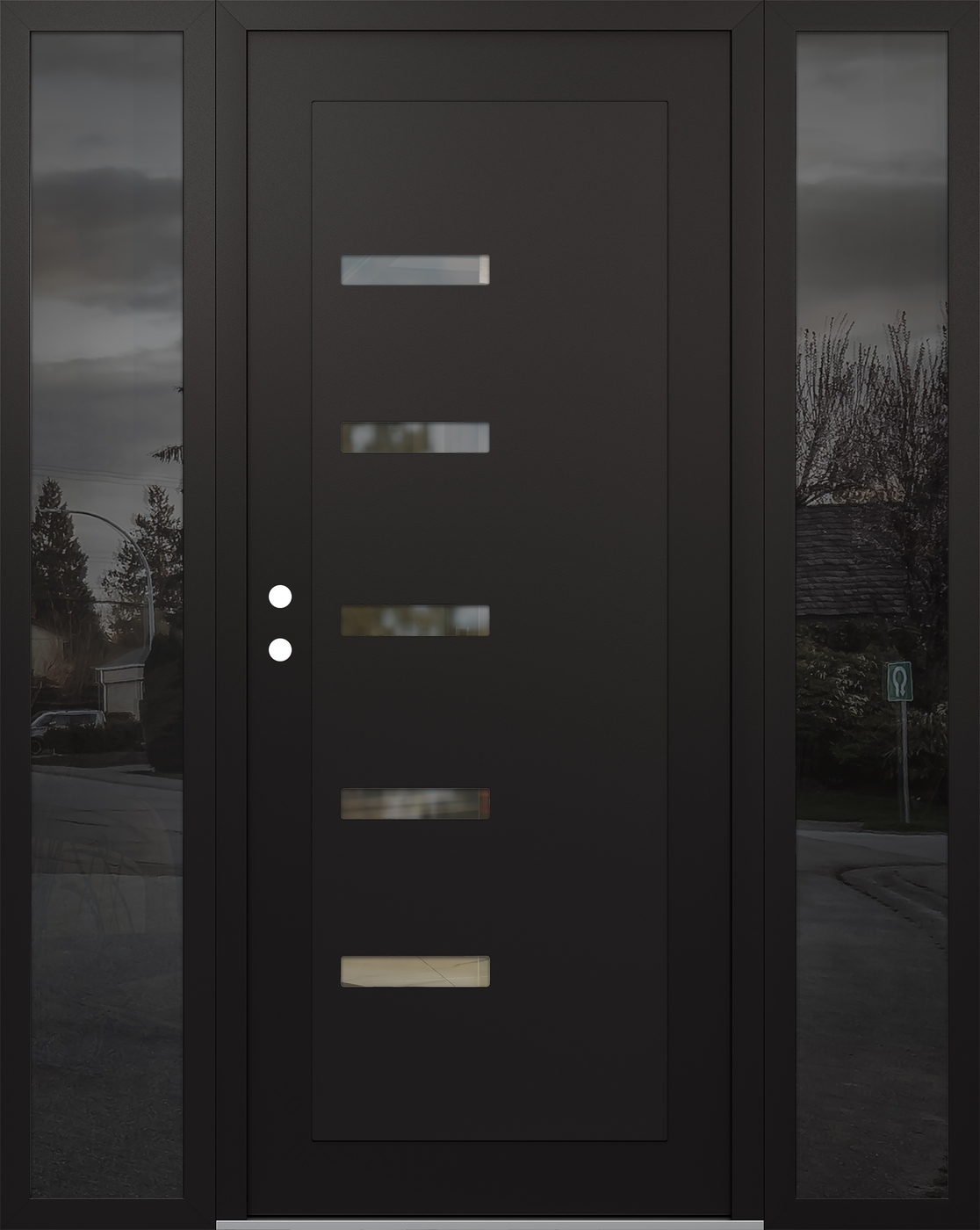 Modern Steel Front Door Diamond C8 64" x 80" black/black clear Glass Panel black RHI with 2 Sidelites mirrored Glass