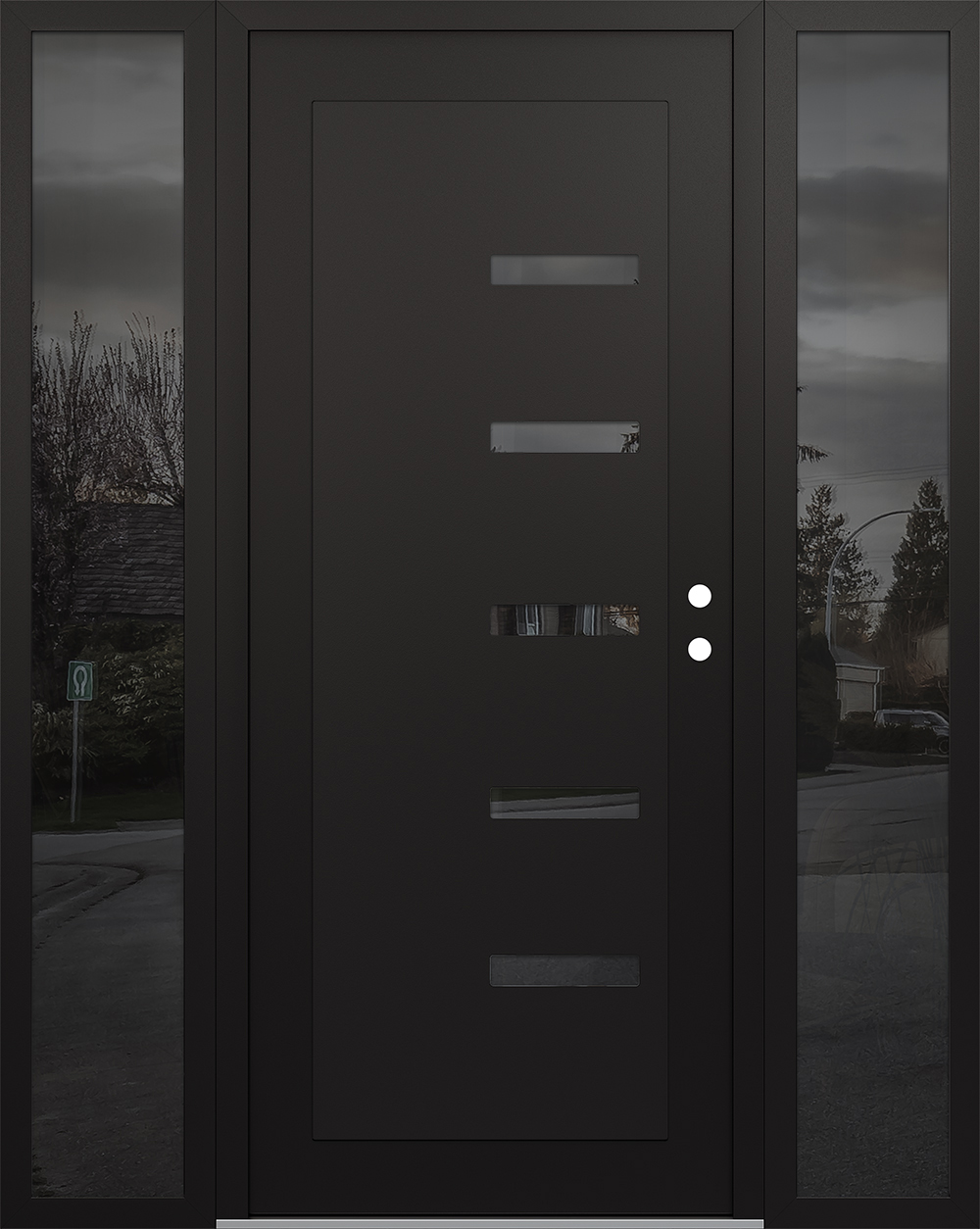 Modern Steel Front Door Diamond C8 64" x 80" black/black mirrored Glass Panel black LHI with 2 Sidelites mirrored Glass