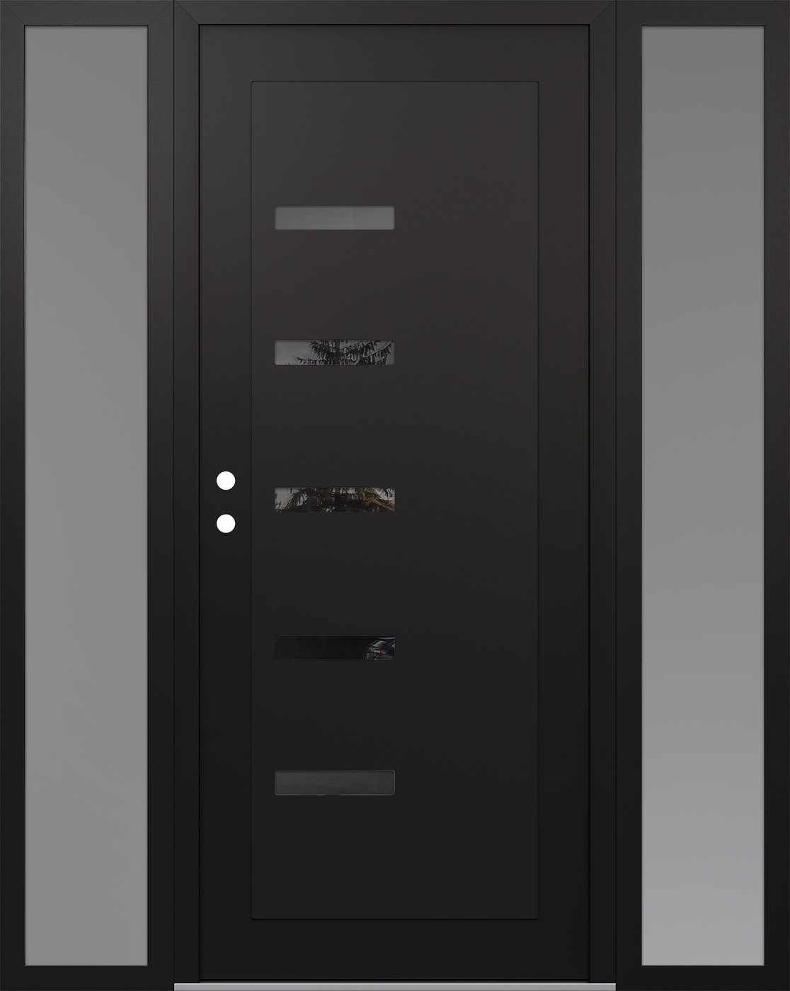 Modern Steel Front Door Diamond C8 64" x 80" black/black mirrored Glass Panel black RHI with 2 Sidelites frosted Glass