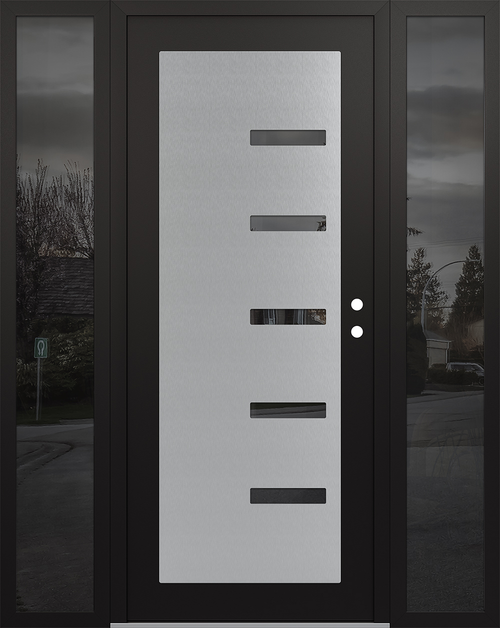 Modern Steel Front Door Diamond C8 64" x 80" black/black mirrored Glass Panel stainless steel LHI with 2 Sidelites mirrored Glass