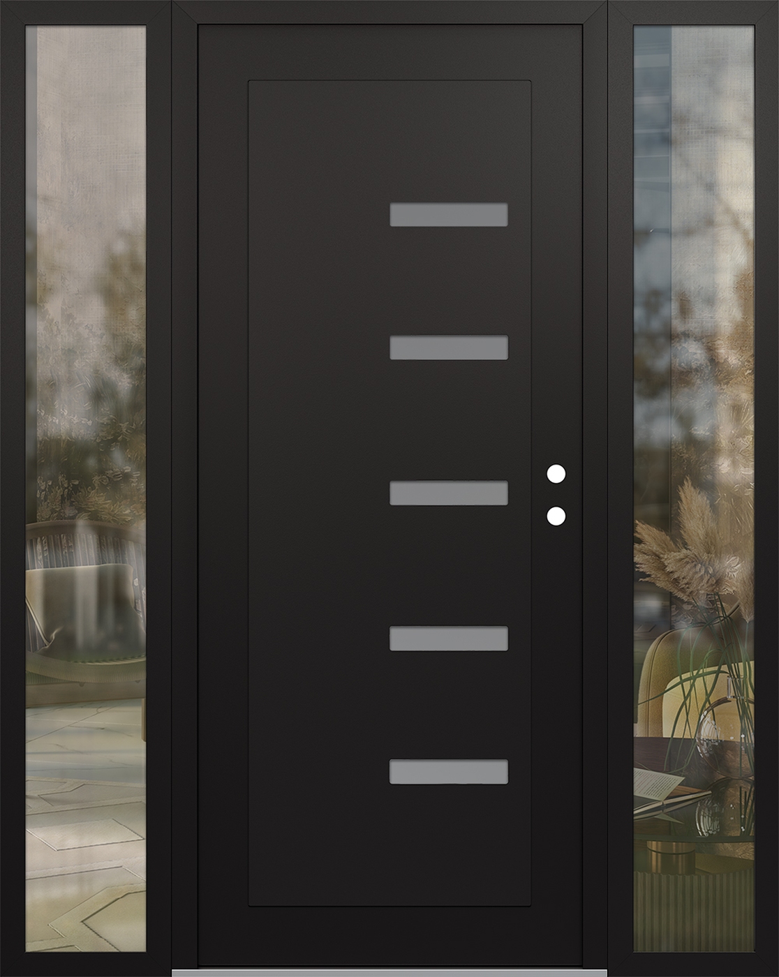 Modern Steel Front Door Diamond C8 64" x 80" black/white frosted Glass Panel black LHI with 2 Sidelites clear Glass