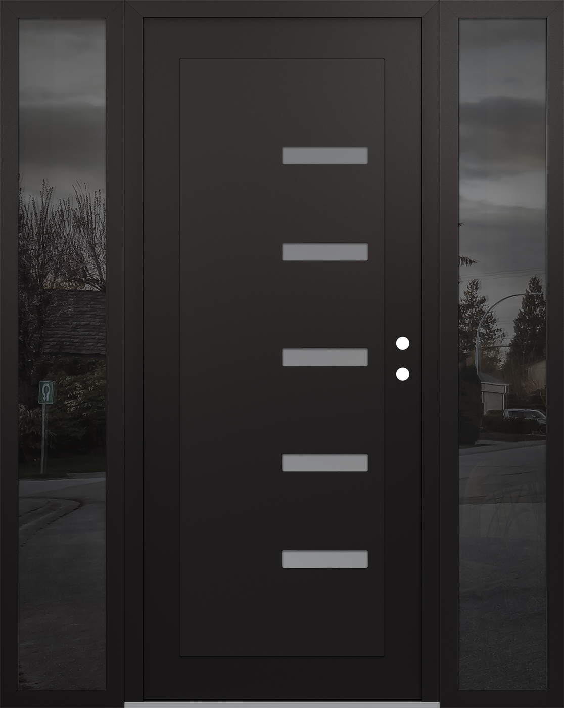 Modern Steel Front Door Diamond C8 64" x 80" black/white frosted Glass Panel black LHI with 2 Sidelites mirrored Glass