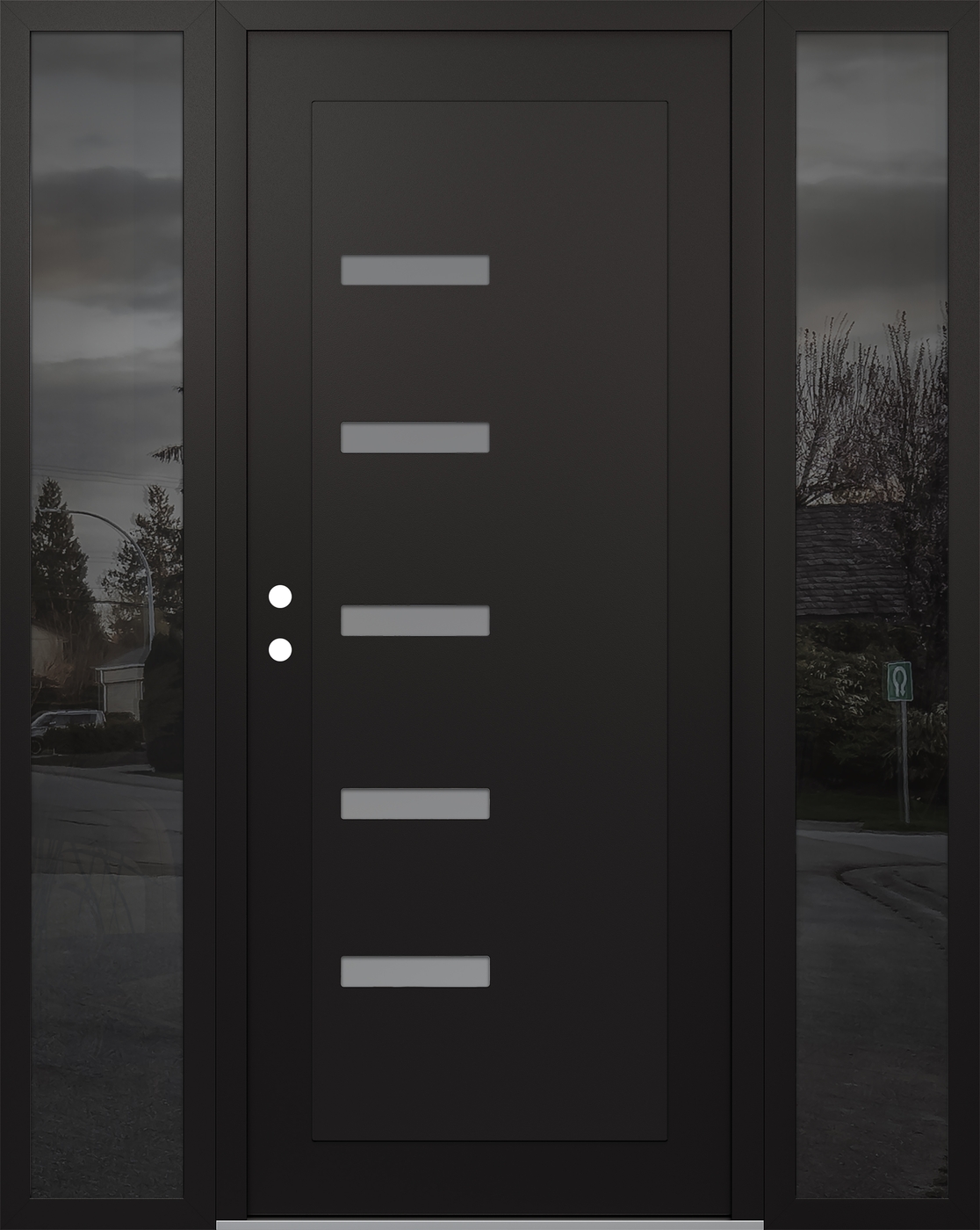 Modern Steel Front Door Diamond C8 64" x 80" black/white frosted Glass Panel black RHI with 2 Sidelites mirrored Glass