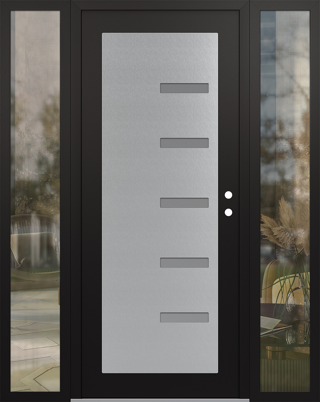 Modern Steel Front Door Diamond C8 64" x 80" black/white frosted Glass Panel stainless steel LHI with 2 Sidelites clear Glass