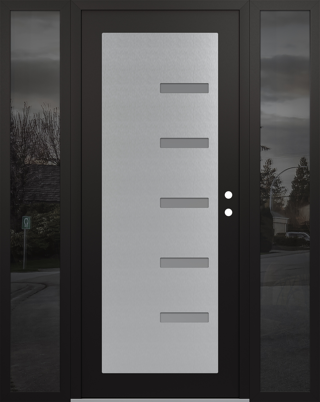 Modern Steel Front Door Diamond C8 64" x 80" black/white frosted Glass Panel stainless steel LHI with 2 Sidelites mirrored Glass