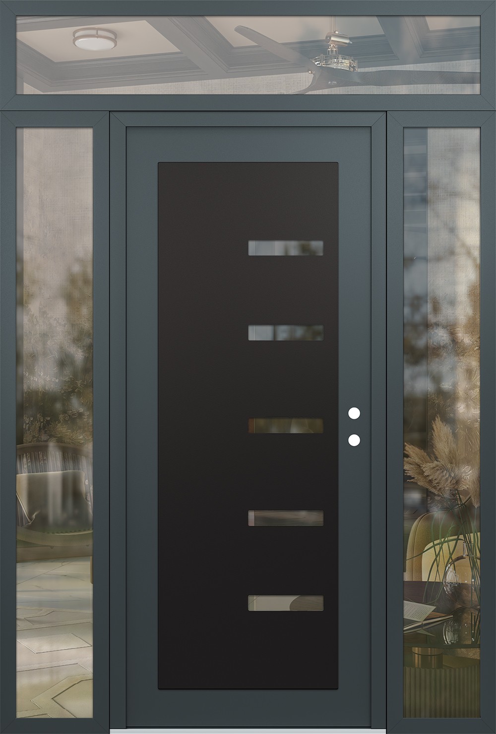 Modern Steel Front Door Diamond C8 64" x 96" anthracite/anthracite clear Glass Panel black LHI with 2 Sidelites and Transom clear Glass