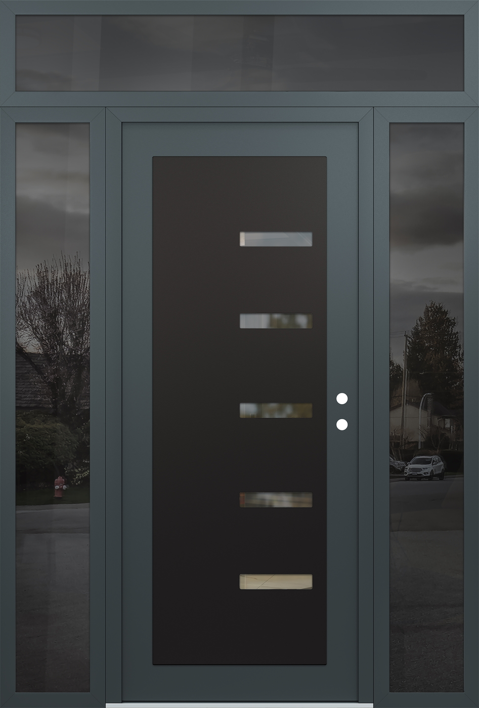 Modern Steel Front Door Diamond C8 64" x 96" anthracite/anthracite clear Glass Panel black LHI with 2 Sidelites and Transom mirrored Glass