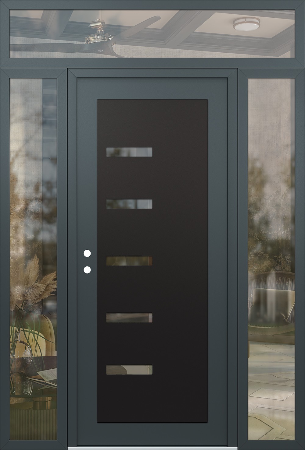 Modern Steel Front Door Diamond C8 64" x 96" anthracite/anthracite clear Glass Panel black RHI with 2 Sidelites and Transom clear Glass