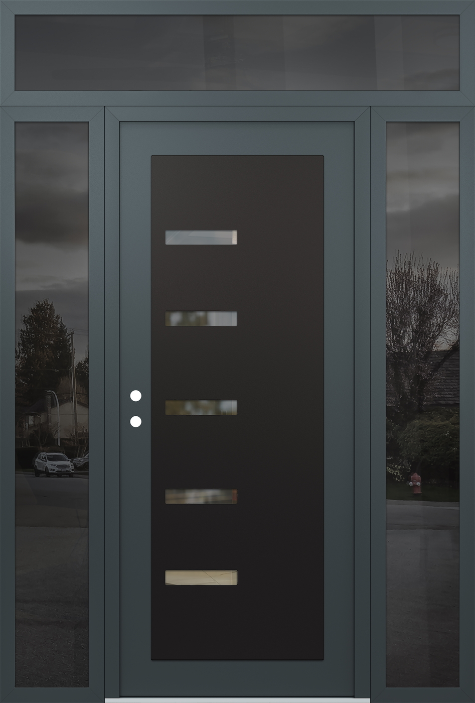 Modern Steel Front Door Diamond C8 64" x 96" anthracite/anthracite clear Glass Panel black RHI with 2 Sidelites and Transom mirrored Glass