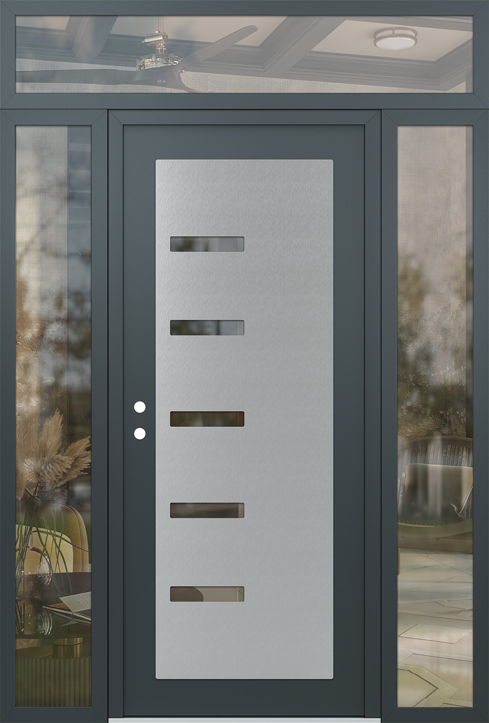 Modern Steel Front Door Diamond C8 64" x 96" anthracite/anthracite clear Glass Panel stainless steel RHI with 2 Sidelites and Transom clear Glass