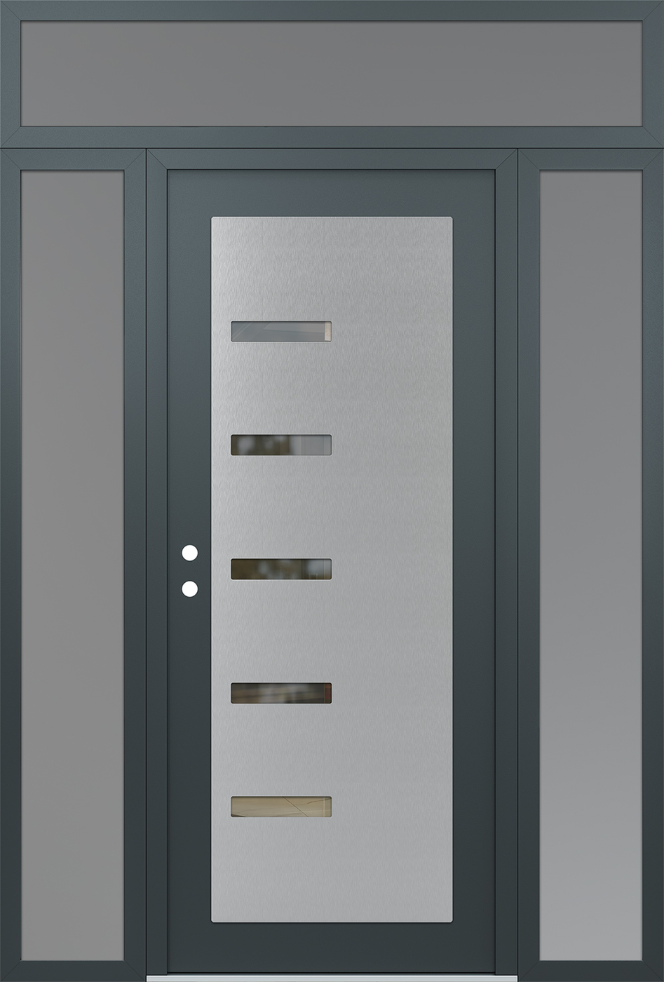 Modern Steel Front Door Diamond C8 64" x 96" anthracite/anthracite clear Glass Panel stainless steel RHI with 2 Sidelites and Transom frosted Glass