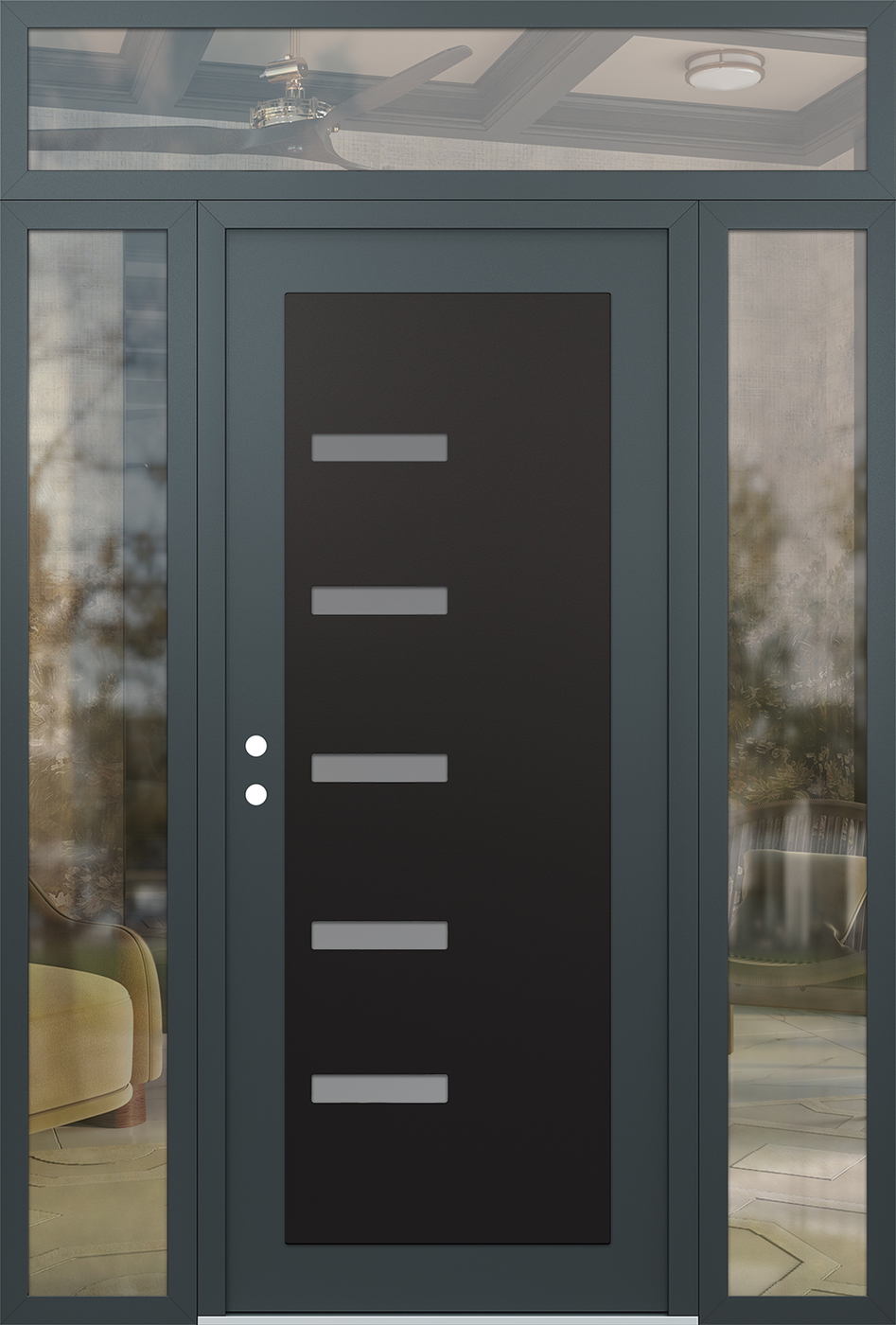 Modern Steel Front Door Diamond C8 64" x 96" anthracite/anthracite frosted Glass Panel black RHI with 2 Sidelites and Transom clear Glass