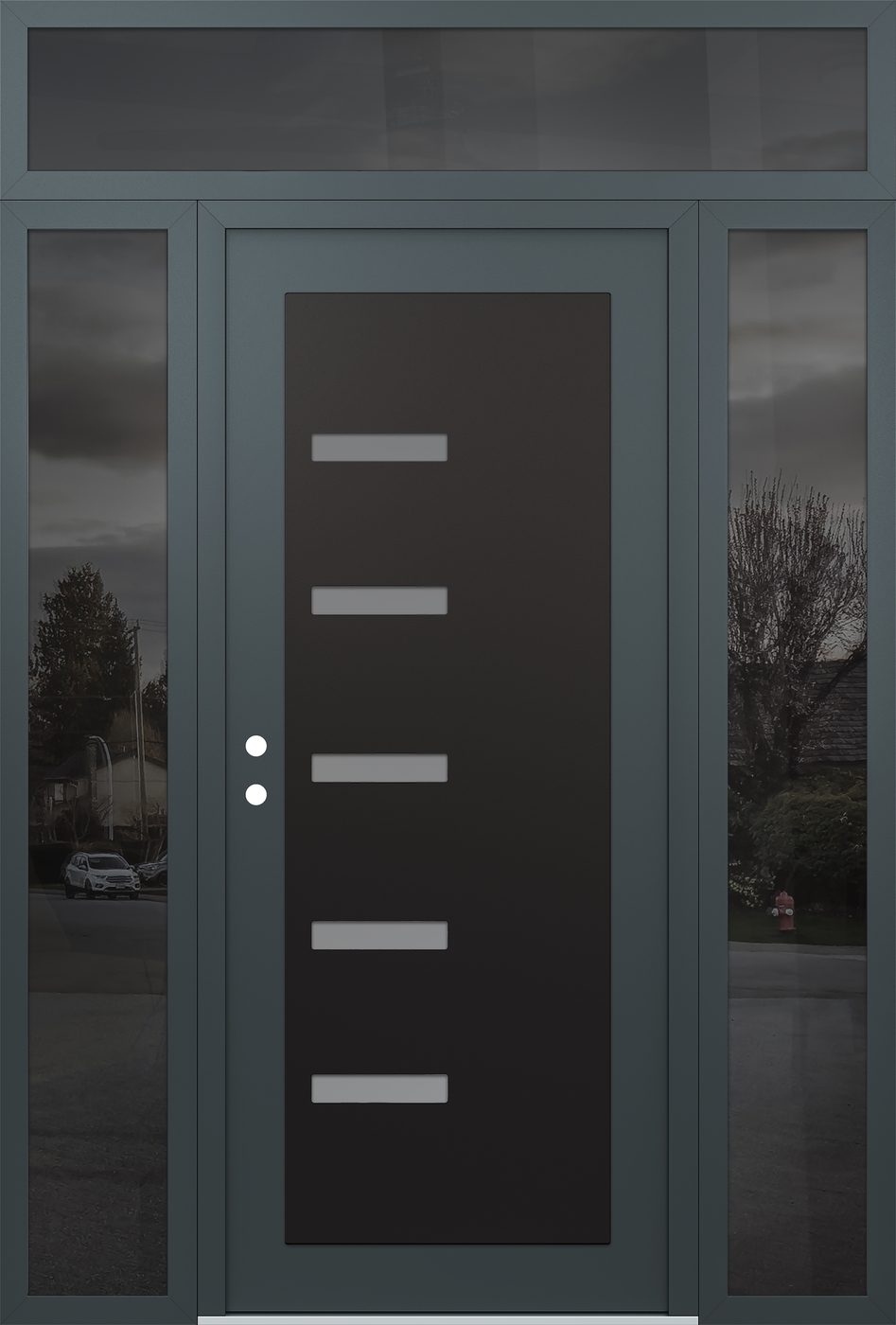 Modern Steel Front Door Diamond C8 64" x 96" anthracite/anthracite frosted Glass Panel black RHI with 2 Sidelites and Transom mirrored Glass