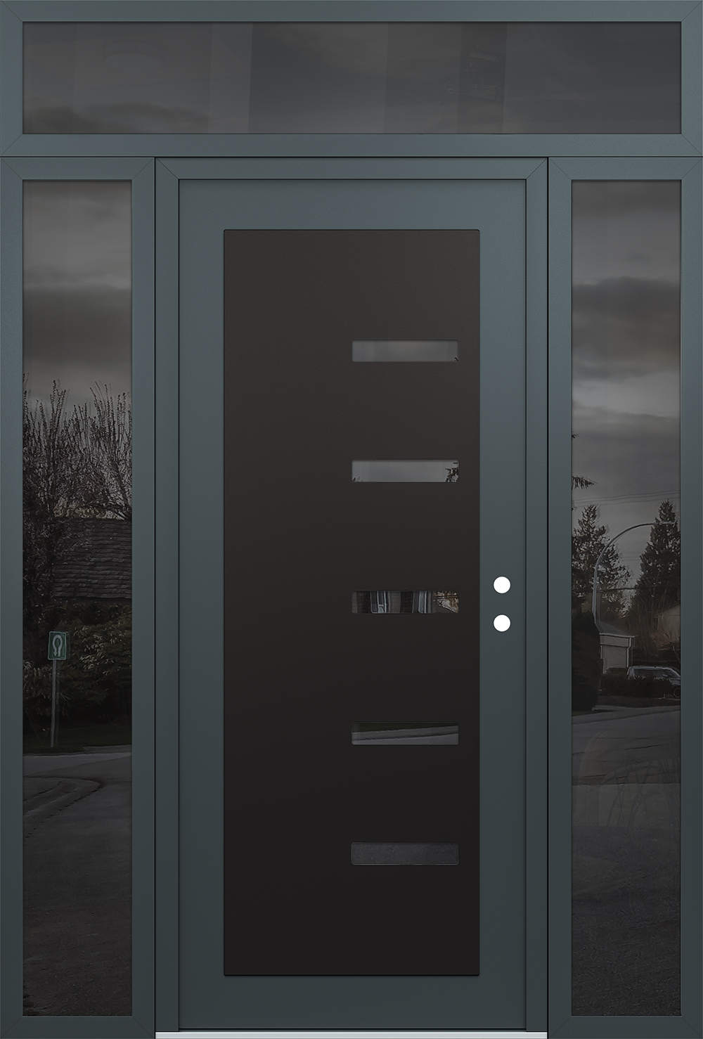 Modern Steel Front Door Diamond C8 64" x 96" anthracite/anthracite mirrored Glass Panel black LHI with 2 Sidelites and Transom mirrored Glass