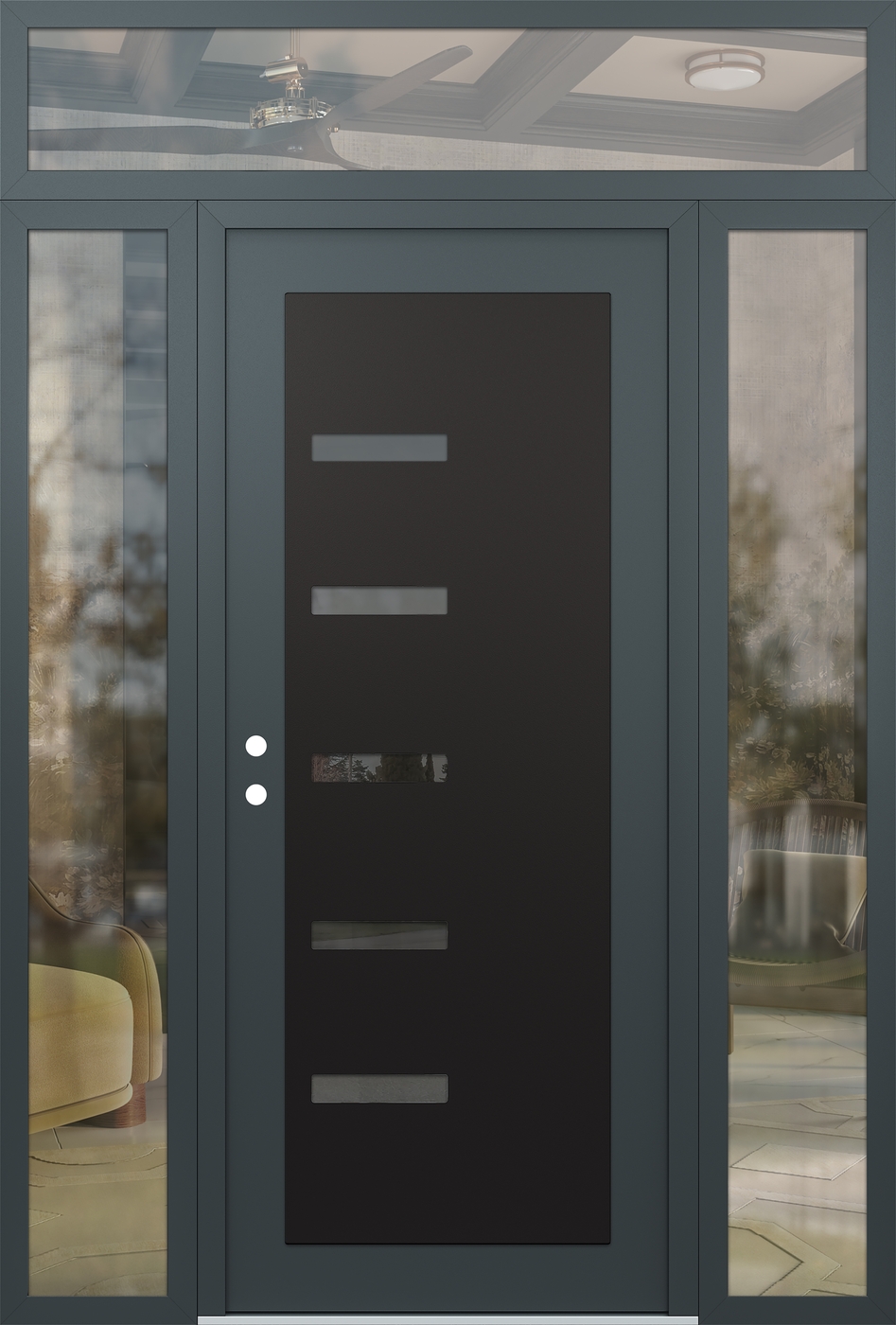 Modern Steel Front Door Diamond C8 64" x 96" anthracite/anthracite mirrored Glass Panel black RHI with 2 Sidelites and Transom clear Glass
