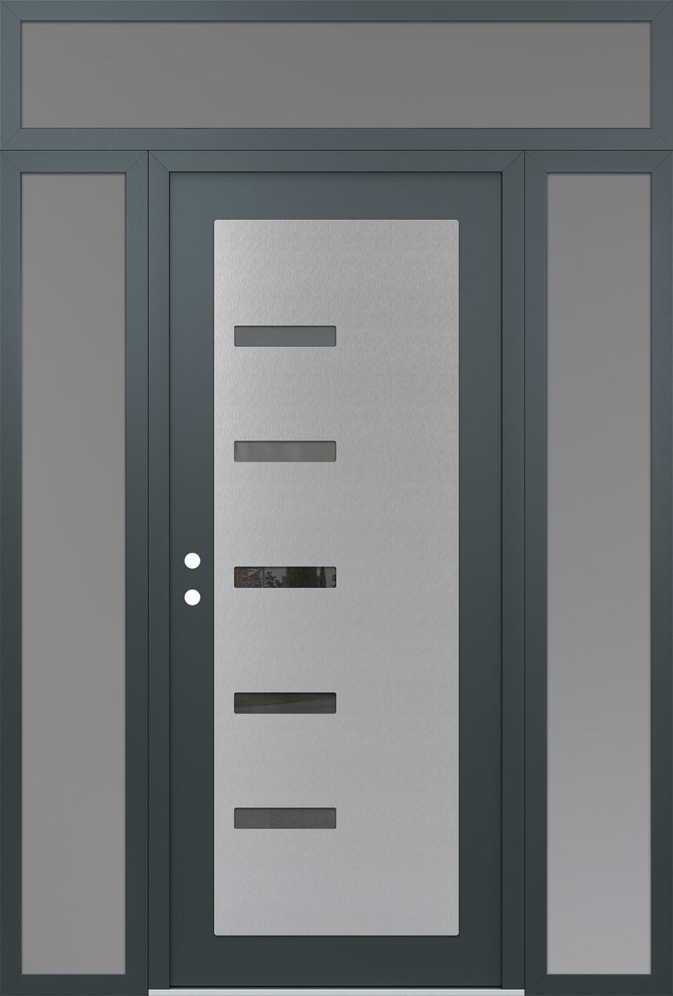 Modern Steel Front Door Diamond C8 64" x 96" anthracite/anthracite mirrored Glass Panel stainless steel RHI with 2 Sidelites and Transom frosted Glass