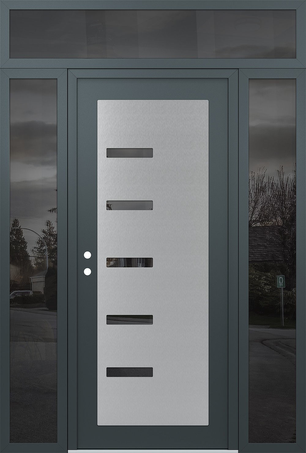 Modern Steel Front Door Diamond C8 64" x 96" anthracite/anthracite mirrored Glass Panel stainless steel RHI with 2 Sidelites and Transom mirrored Glass