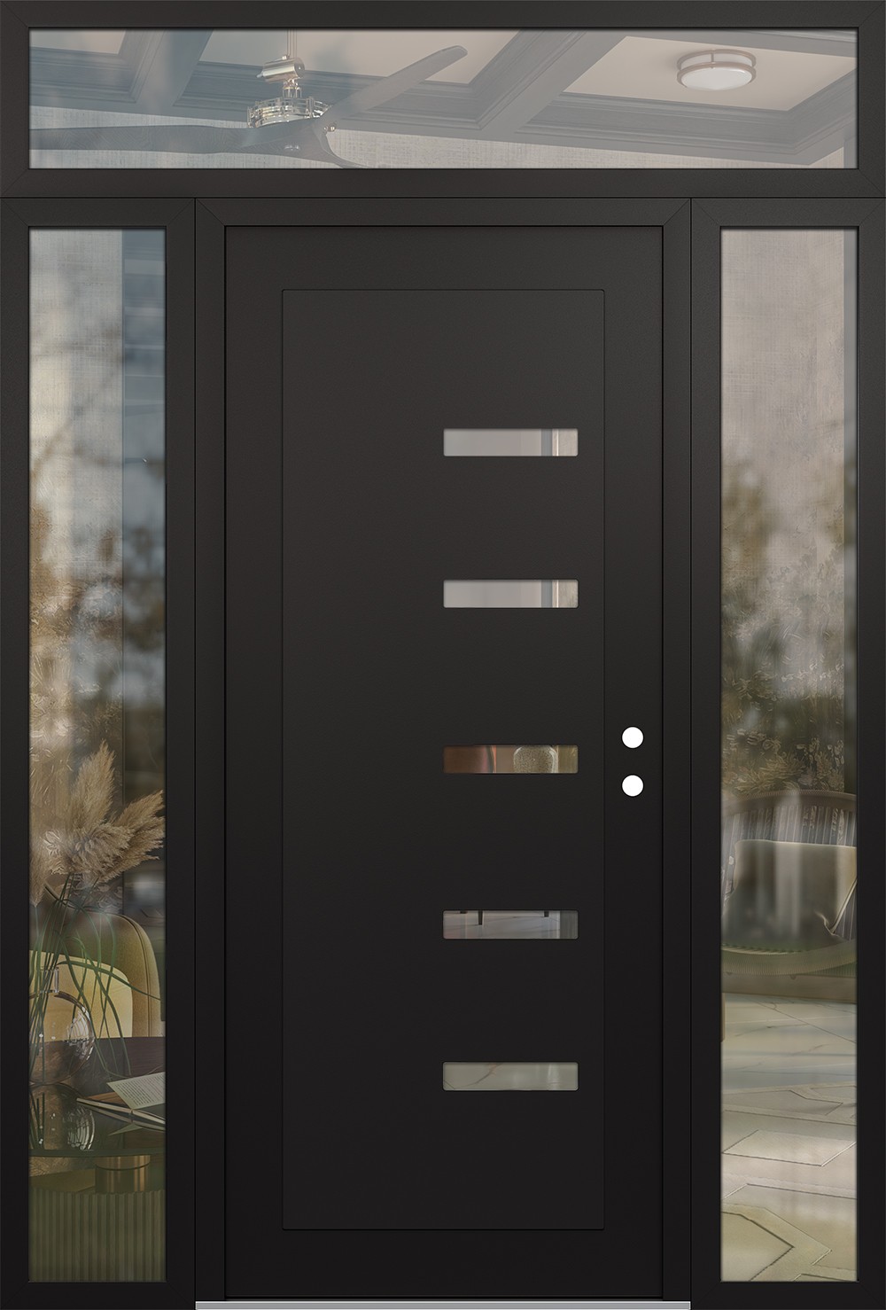 Modern Steel Front Door Diamond C8 64" x 96" black/black clear Glass Panel black LHI with 2 Sidelites and Transom clear Glass