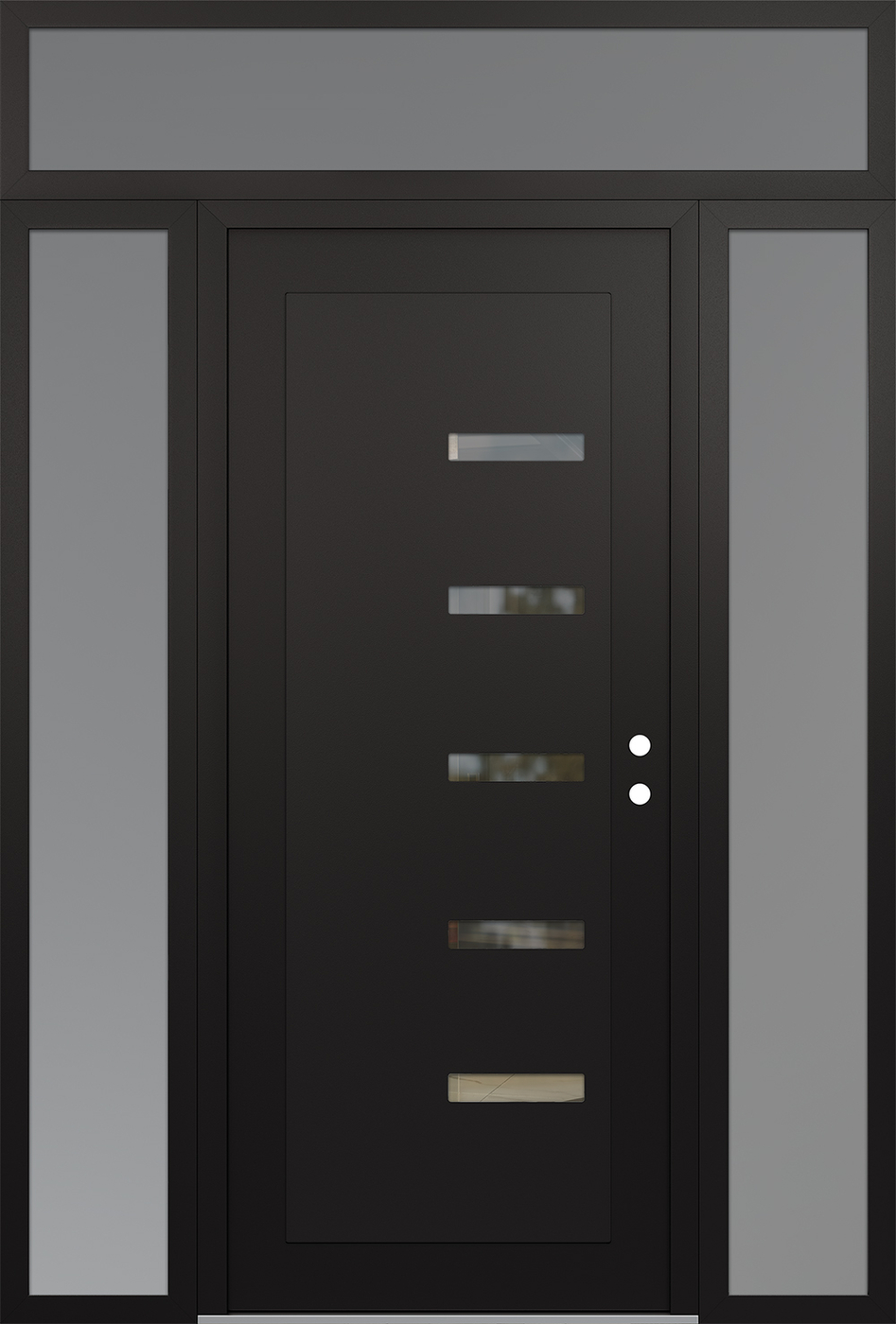 Modern Steel Front Door Diamond C8 64" x 96" black/black clear Glass Panel black LHI with 2 Sidelites and Transom frosted Glass