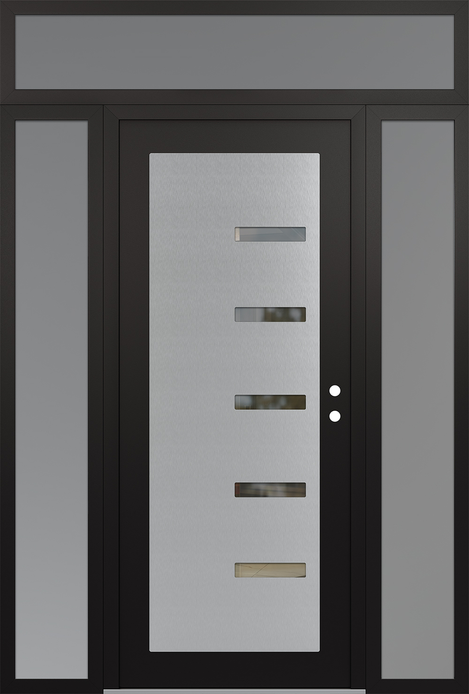 Modern Steel Front Door Diamond C8 64" x 96" black/black clear Glass Panel stainless steel LHI with 2 Sidelites and Transom frosted Glass